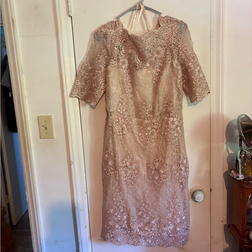 Tahari Pink Gold Midi Dress with Scoop Neck